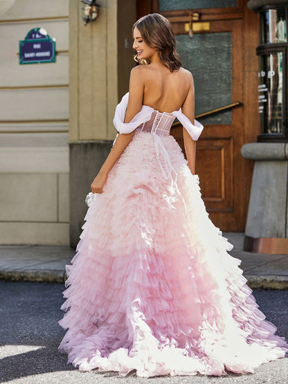 Off Shoulder Ruffle Tiered Tulle Ball Gown Pink