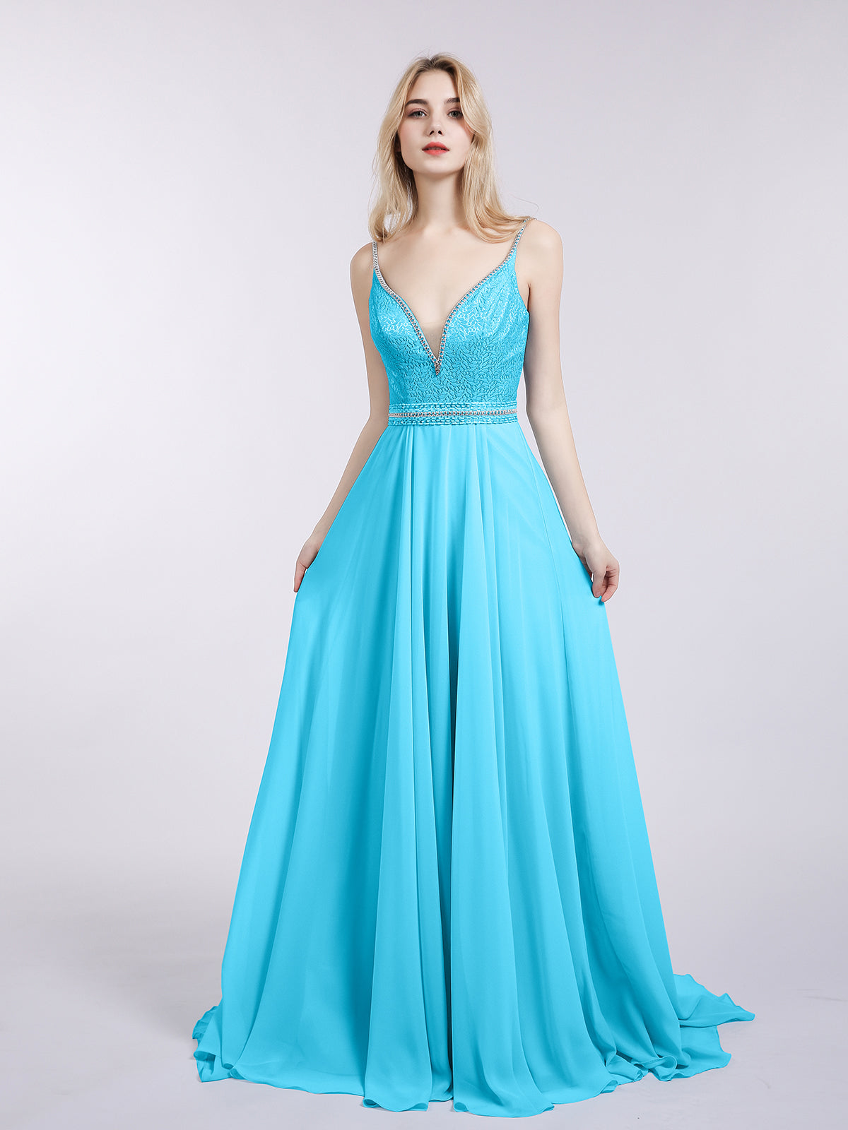 Spaghetti Strap Lace and Chiffon Gown-Pool