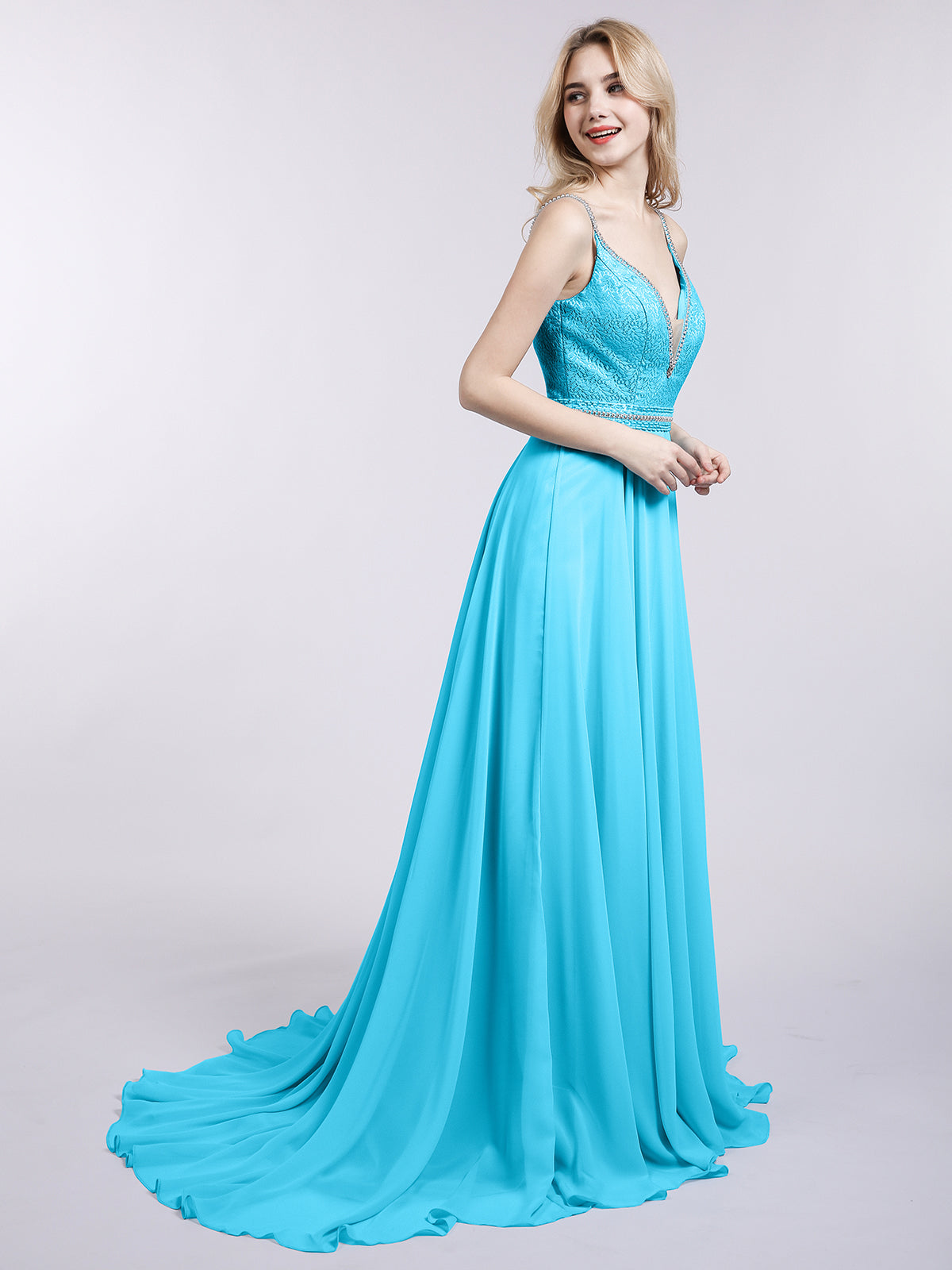 Spaghetti Strap Lace and Chiffon Gown-Pool