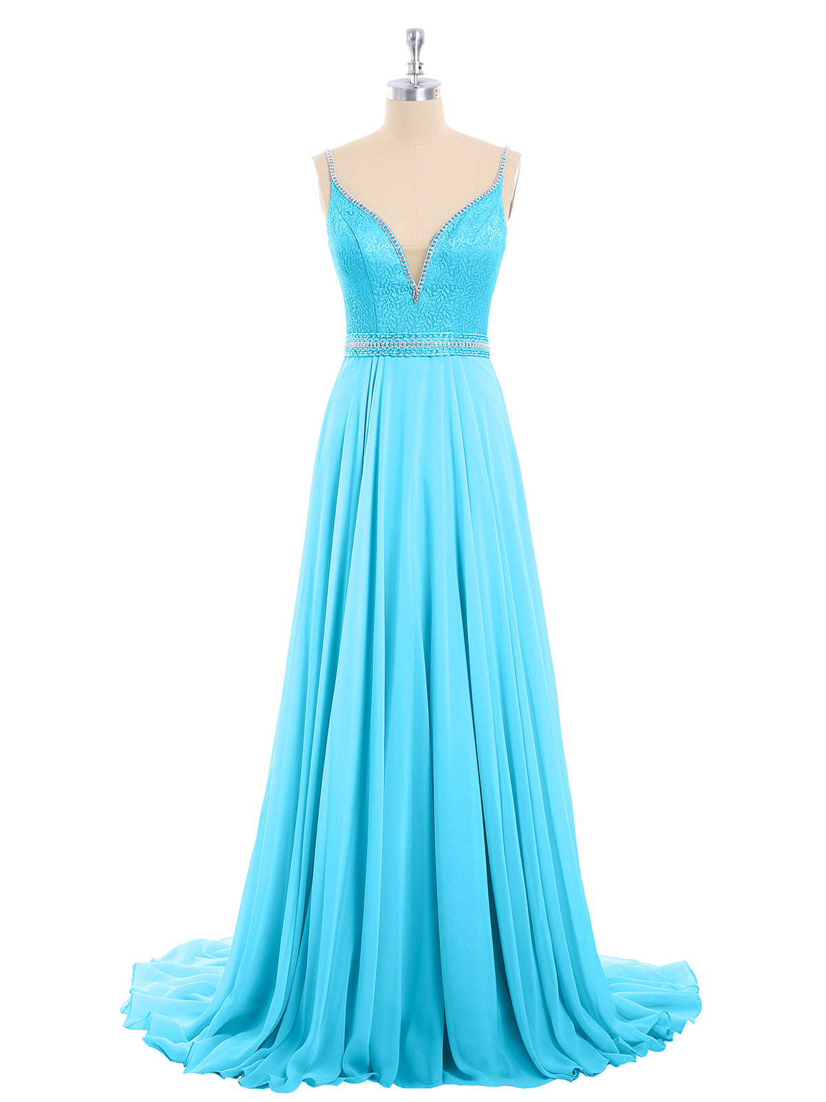 Spaghetti Strap Lace and Chiffon Gown-Pool