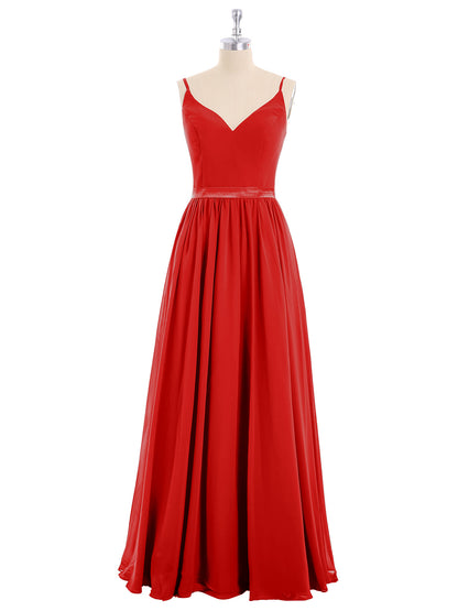 Spaghetti Strap Chiffon Bridesmaid Dress-Red