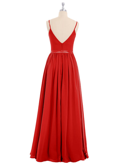 Spaghetti Strap Chiffon Bridesmaid Dress-Red