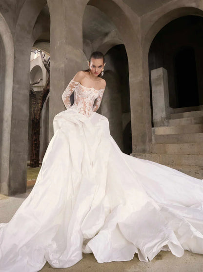 Gorgeous Lace Off-the-shoulder Long-sleeve Design A-Line Wedding Dress Ball Gown Prom Dress Evening Dress HZ1024