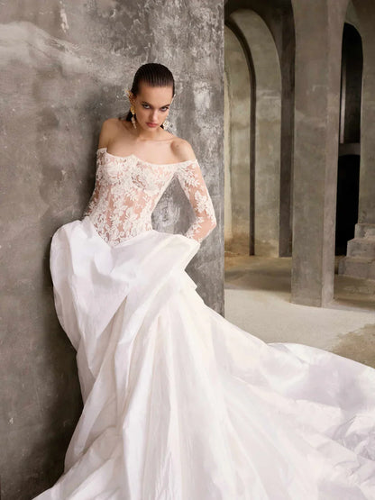 Gorgeous Lace Off-the-shoulder Long-sleeve Design A-Line Wedding Dress Ball Gown Prom Dress Evening Dress HZ1024