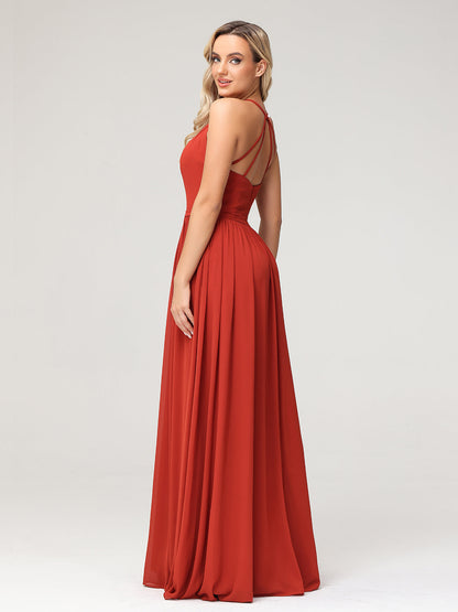 Halter Long Chiffon Gowns with Double Straps-Rust
