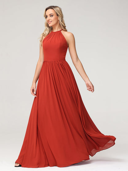 Halter Long Chiffon Gowns with Double Straps-Rust