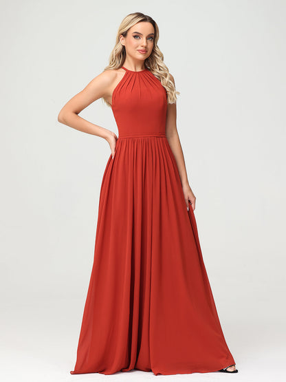Halter Long Chiffon Gowns with Double Straps-Rust