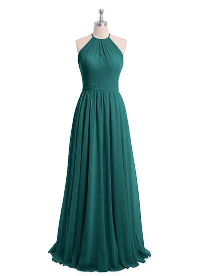 Halter Long Chiffon Gowns with Double Straps-Peacock