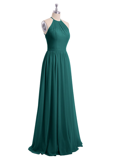 Halter Long Chiffon Gowns with Double Straps-Peacock