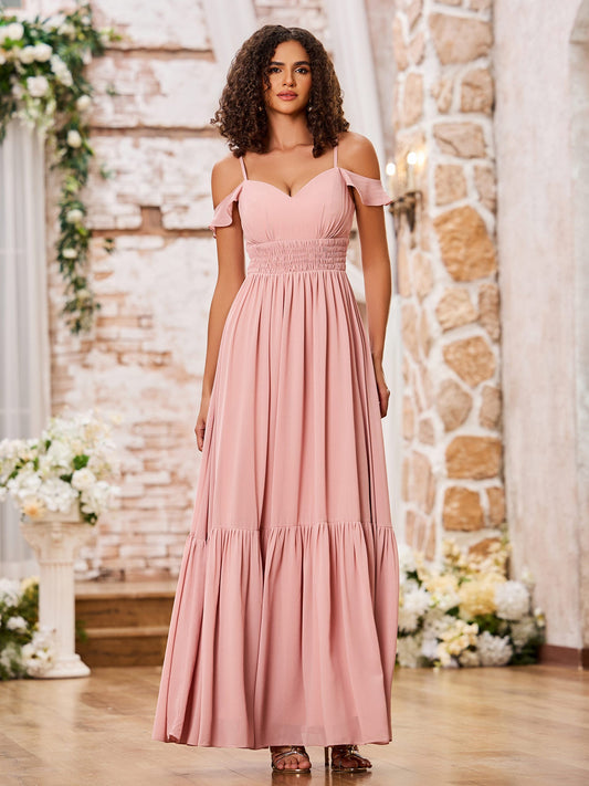 Spaghetti Straps Tiered Skirt Elastic Waist Chiffon Dresses Dusty Rose