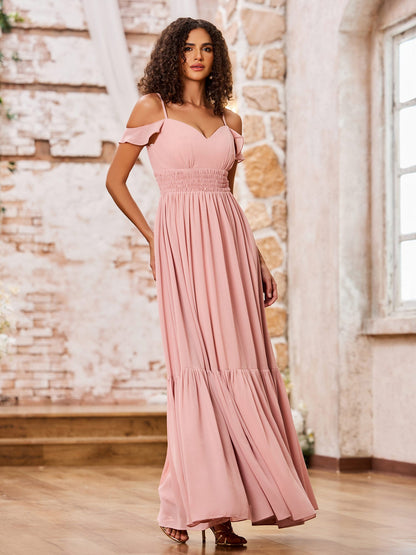 Spaghetti Straps Tiered Skirt Elastic Waist Chiffon Dresses Dusty Rose