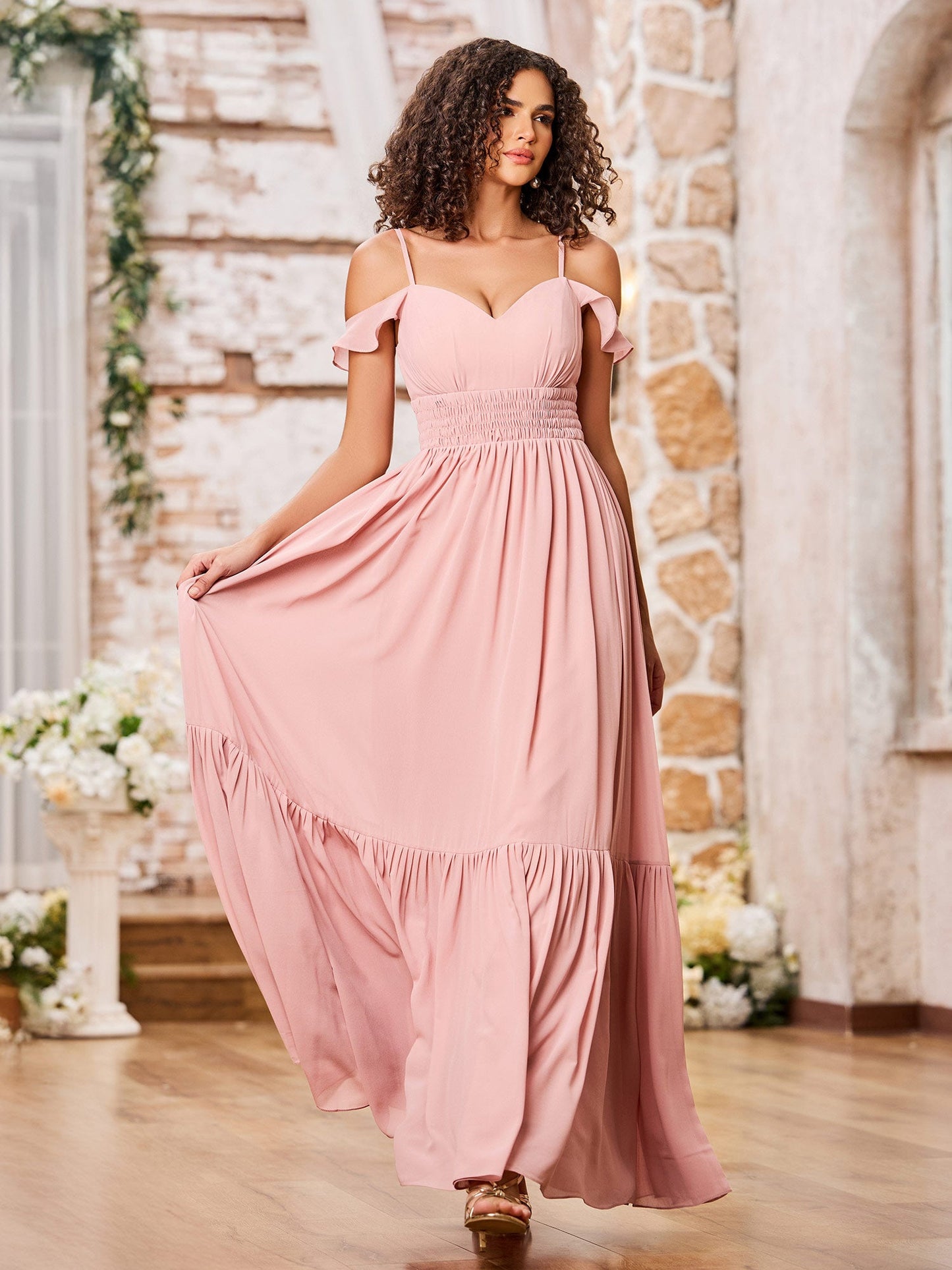 Spaghetti Straps Tiered Skirt Elastic Waist Chiffon Dresses Dusty Rose