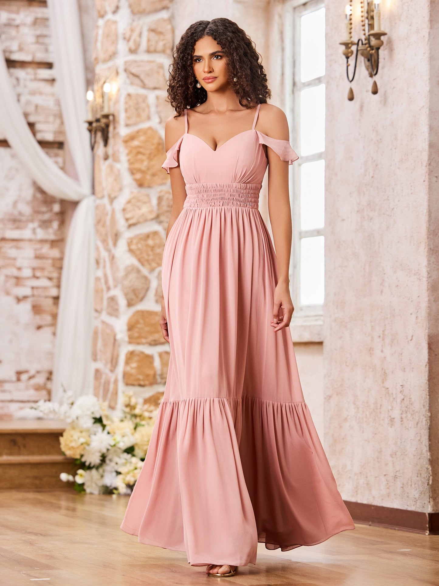 Spaghetti Straps Tiered Skirt Elastic Waist Chiffon Dresses Dusty Rose