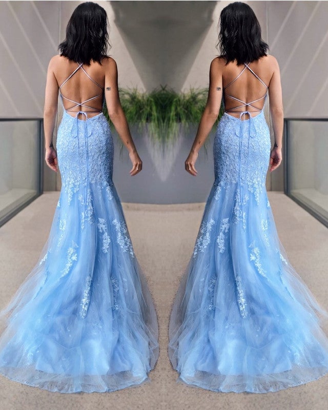 Light Blue Lace Mermaid Prom Dresses Open Back