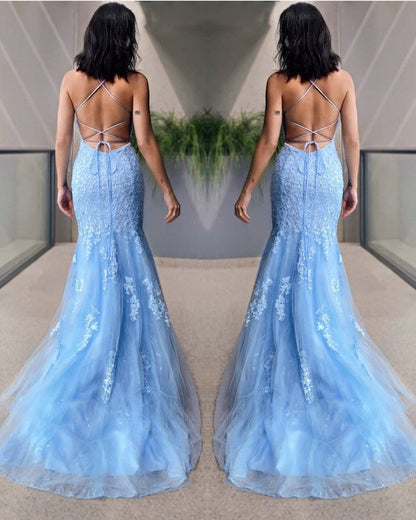 Light Blue Lace Mermaid Prom Dresses Open Back