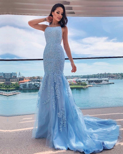 Light Blue Lace Mermaid Prom Dresses Open Back