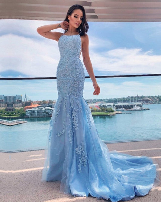 Light Blue Lace Mermaid Prom Dresses Open Back