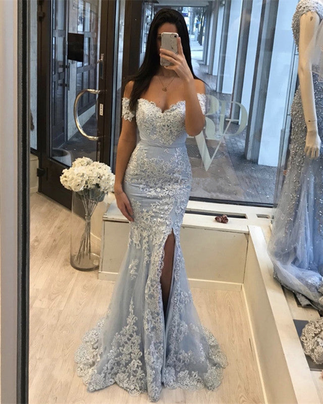 Off The Shoulder Lace Mermaid Prom Dresses With Slit