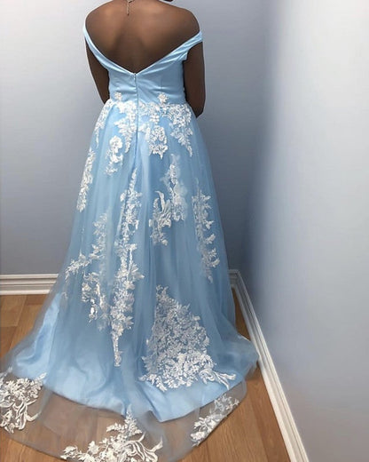 Light Blue Plus Size Prom Dresses Off Shoulder Appliques