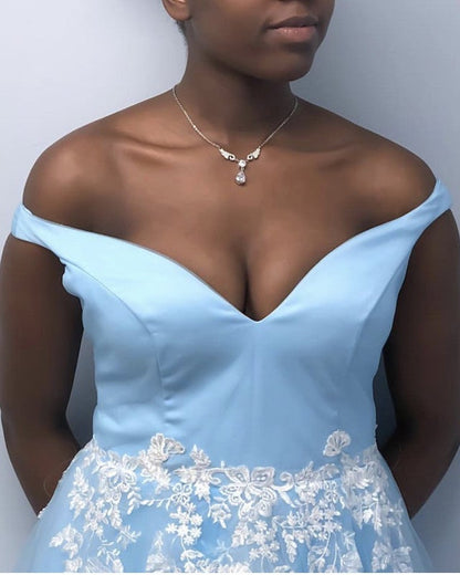 Light Blue Plus Size Prom Dresses Off Shoulder Appliques