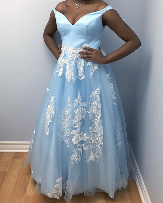 Light Blue Plus Size Prom Dresses Off Shoulder Appliques