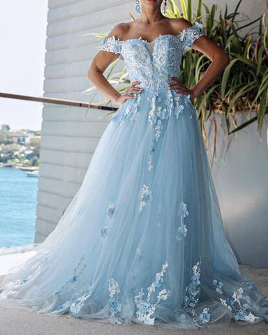 Tulle Ball Gown Dresses Off Shoulder Lace Embroidery - RongMoon