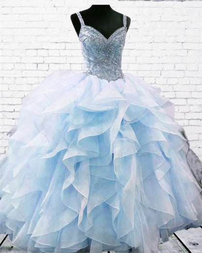 Luxurious Crystal Beaded Sweetheart Organza Ruffles Quinceanera Dresses