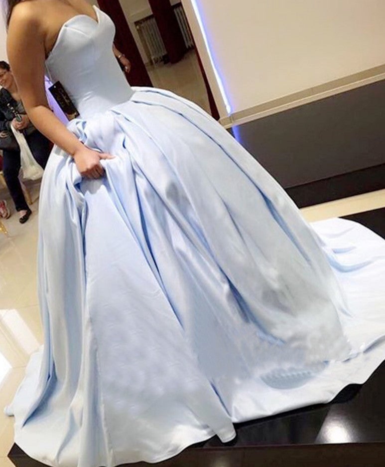 Light Blue Satin Sweetheart Ball Gowns Prom Dresses