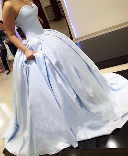 Light Blue Satin Sweetheart Ball Gowns Prom Dresses