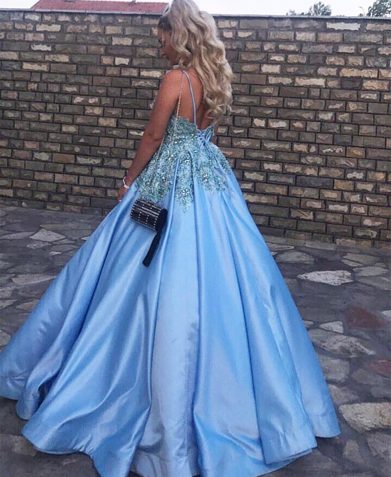 Light Blue Satin V Neck Ball Gowns Wedding Dresses For Bride