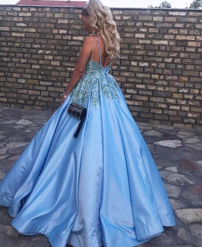 Light Blue Satin V Neck Ball Gowns Wedding Dresses For Bride