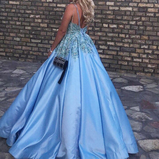 Light Blue Satin V Neck Ball Gowns Wedding Dresses For Bride