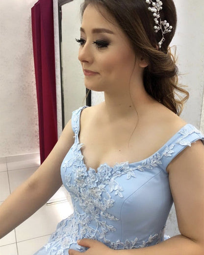 Light Blue Tulle Ball Gowns Quinceanera Dress Lace Appliques