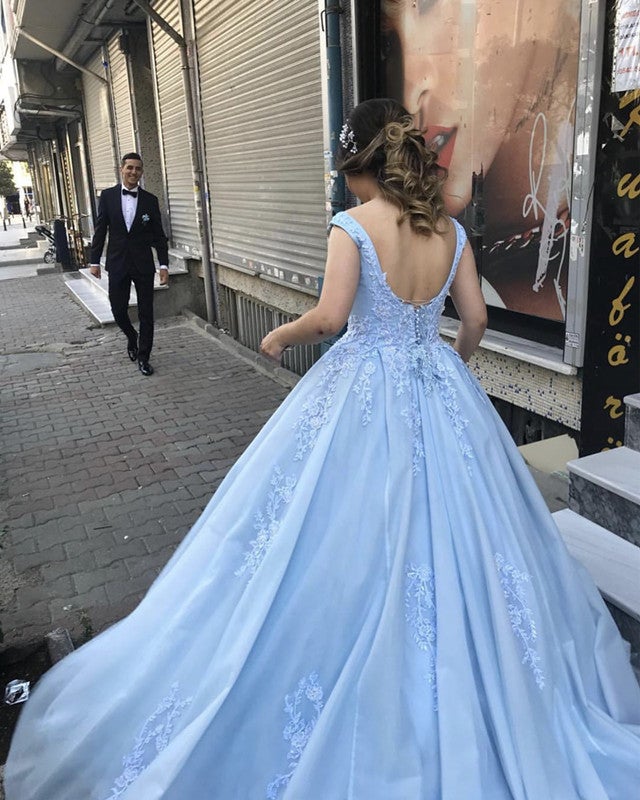 Light Blue Tulle Ball Gowns Quinceanera Dress Lace Appliques