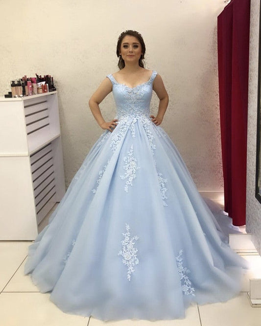 Light Blue Tulle Ball Gowns Quinceanera Dress Lace Appliques