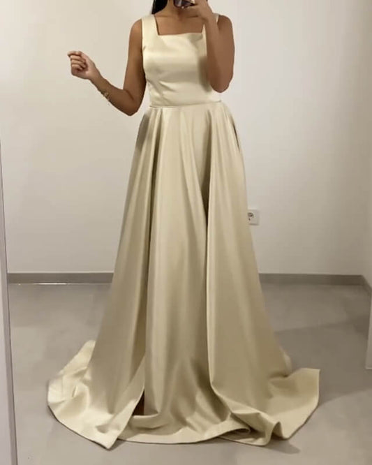 Light Champagne Satin Spaghetti Straps Bridesmaid Dresses