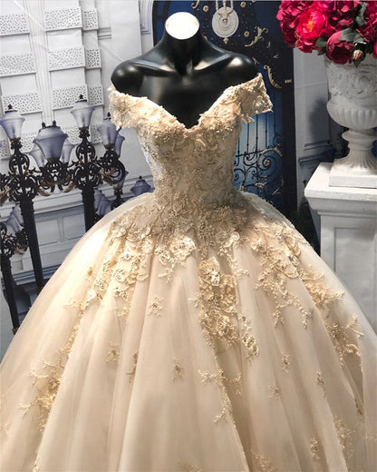 Light Champagne Tulle Ball Gowns Wedding Dresses Lace V-neck Off-the-shoulder