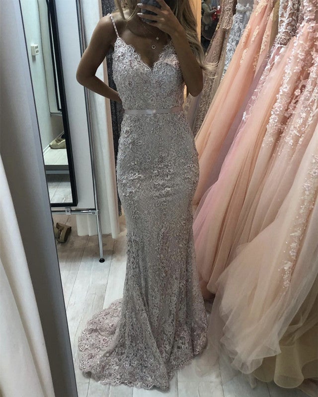 Light Pink Prom Dresses Mermaid Lace V Neck Spaghetti Straps