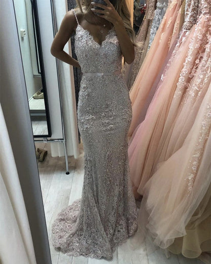 Light Pink Prom Dresses Mermaid Lace V Neck Spaghetti Straps