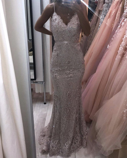 Light Pink Prom Dresses Mermaid Lace V Neck Spaghetti Straps