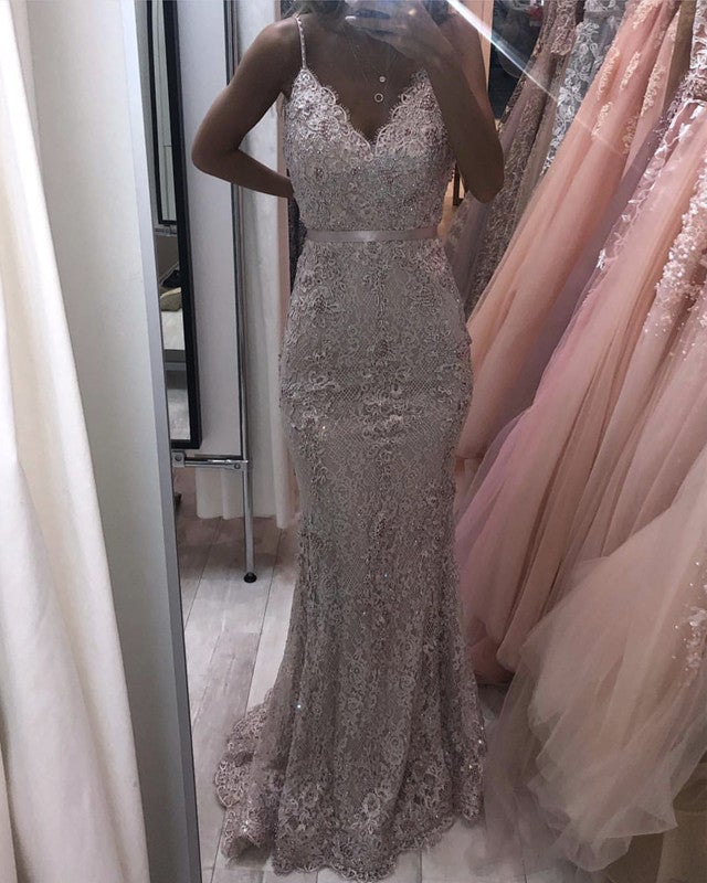 Light Pink Prom Dresses Mermaid Lace V Neck Spaghetti Straps