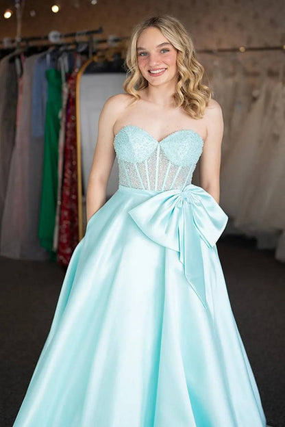 Light Blue Corset Sweetheart Long Prom Dress with Pocket