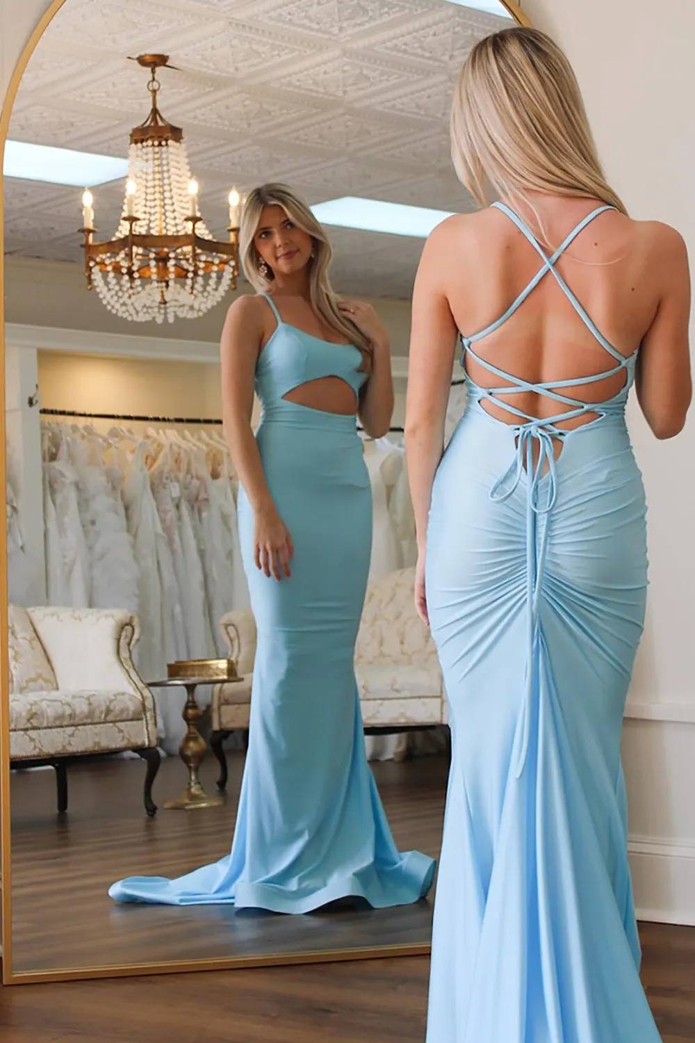 Light Blue Cut Out Spaghetti Straps Satin Long Prom Dress
