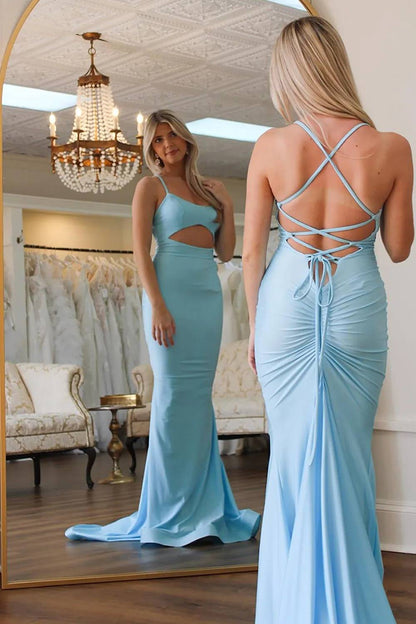 Light Blue Cut Out Spaghetti Straps Satin Long Prom Dress