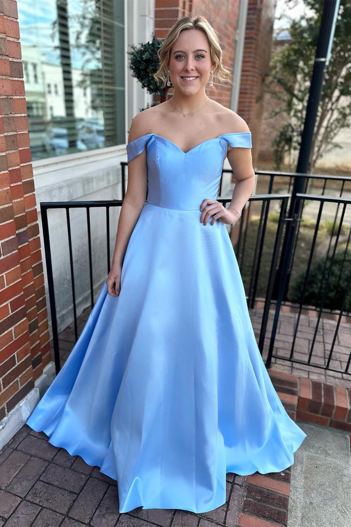 Light Blue Off the Shoulder A-Line Satin Long Prom Dress