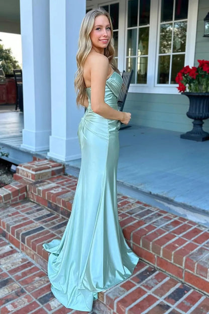 Light Blue Satin Strapless Sheath Long Prom Dress with Slit