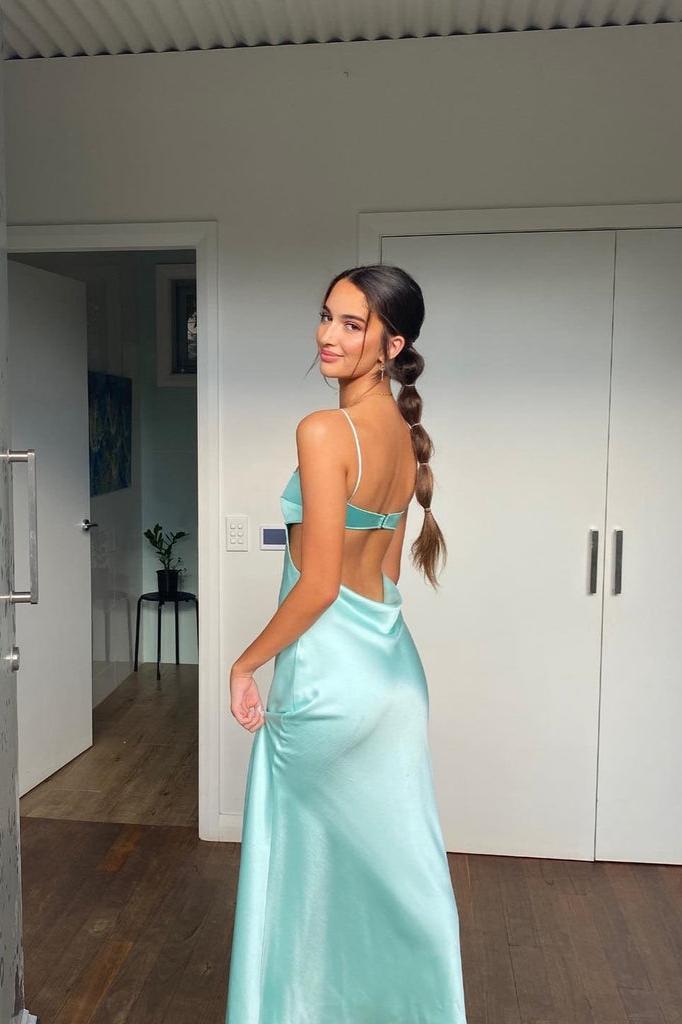 Light Blue Spaghetti Straps Sheath Backless Satin Long Prom Dress