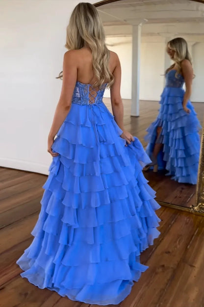 Light Blue Sweetheart A-Line Chiffon Long Corset Prom Dress with Slit