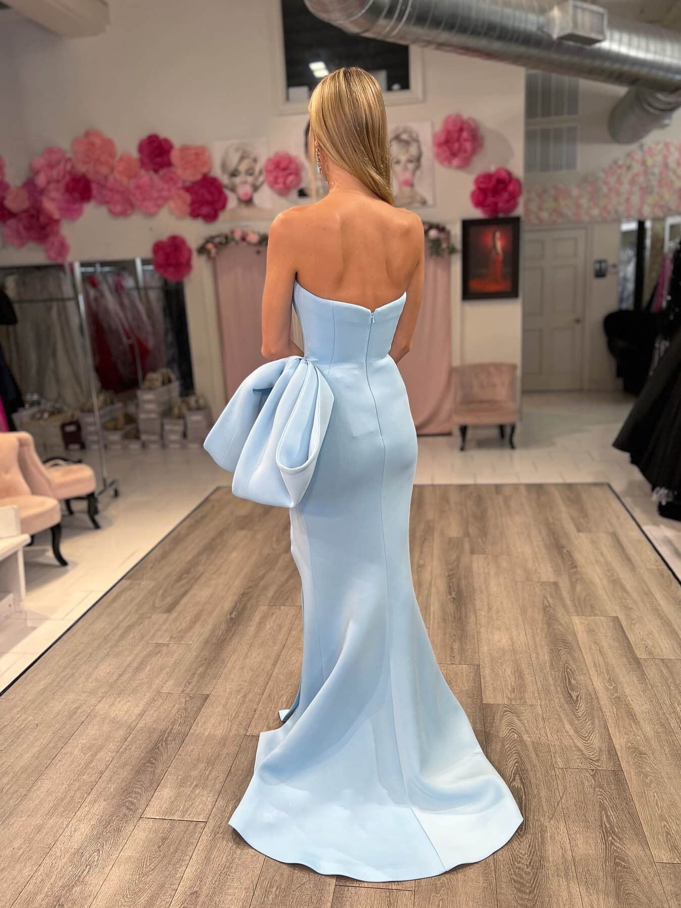 Light Blue Sweetheart Mermaid Satin Long Prom Dress with Bow