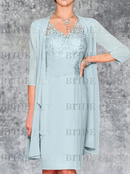 Two Piece Ruffle Chiffon Mother of the Bride Outfit Lace Short Wedding Guest Dress